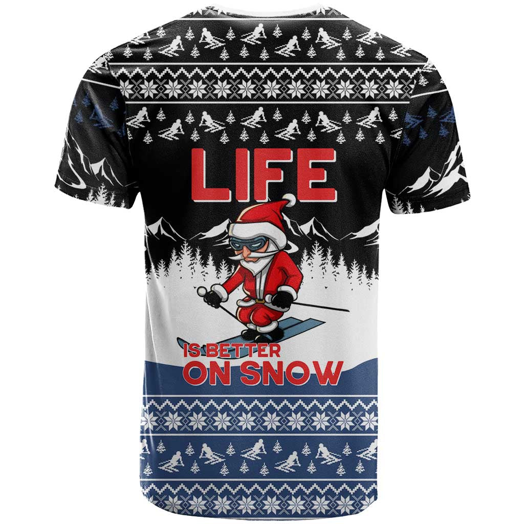 Skiing Life Is Better On Snow Christmas T-Shirt Xmas Holiday Patterns Graphic Tee