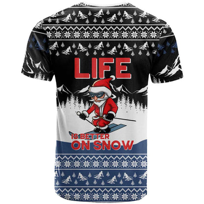 Skiing Life Is Better On Snow Christmas T-Shirt Xmas Holiday Patterns Graphic Tee