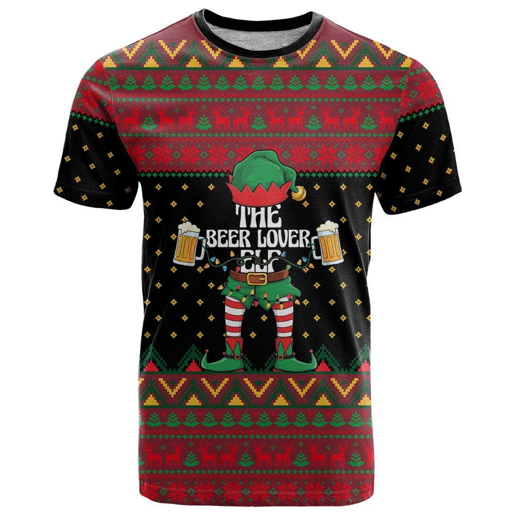 The Beer Lover Elf Christmas T-Shirt Xmas Holiday Patterns Graphic Tee