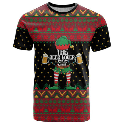 The Beer Lover Elf Christmas T-Shirt Xmas Holiday Patterns Graphic Tee