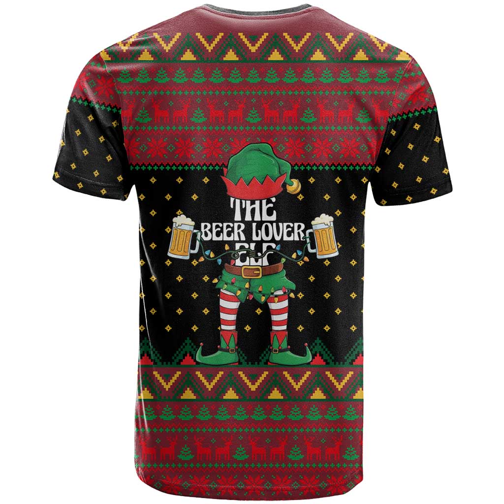 The Beer Lover Elf Christmas T-Shirt Xmas Holiday Patterns Graphic Tee