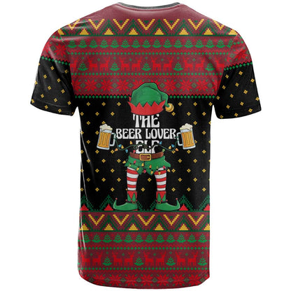 The Beer Lover Elf Christmas T-Shirt Xmas Holiday Patterns Graphic Tee