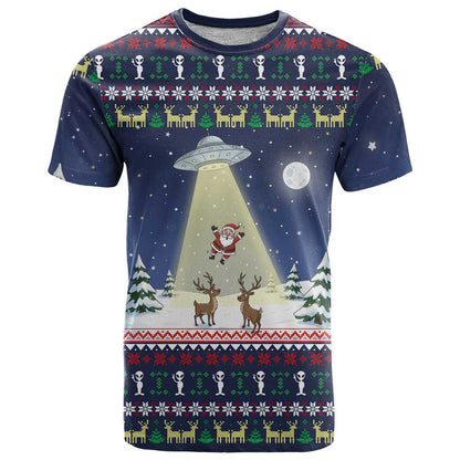 Christmas Alien Pattern with UFO Abduction of Santa Reindeer Snowy Forest T-Shirt Xmas Holiday Patterns Graphic Tee