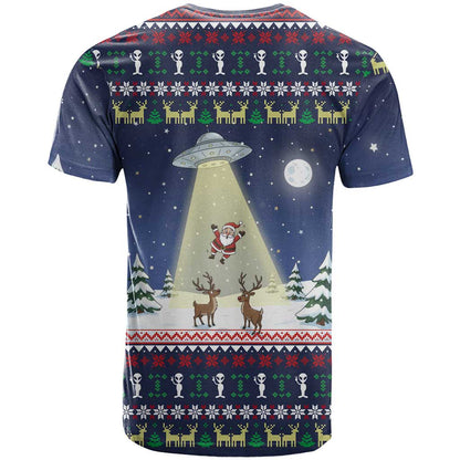 Christmas Alien Pattern with UFO Abduction of Santa Reindeer Snowy Forest T-Shirt Xmas Holiday Patterns Graphic Tee