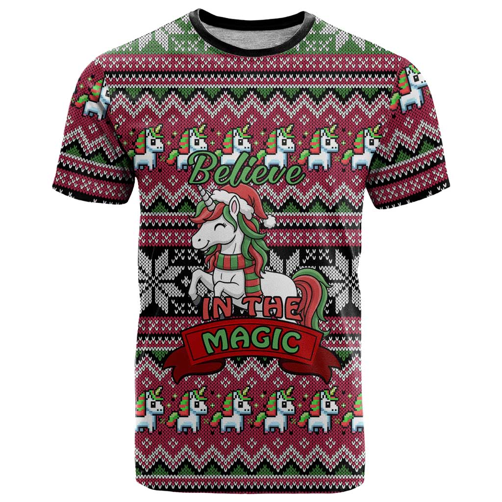 Unicorn Believe In The Magic Christmas T-Shirt Xmas Holiday Patterns Graphic Tee