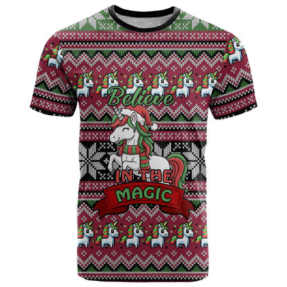 Unicorn Believe In The Magic Christmas T-Shirt Xmas Holiday Patterns Graphic Tee