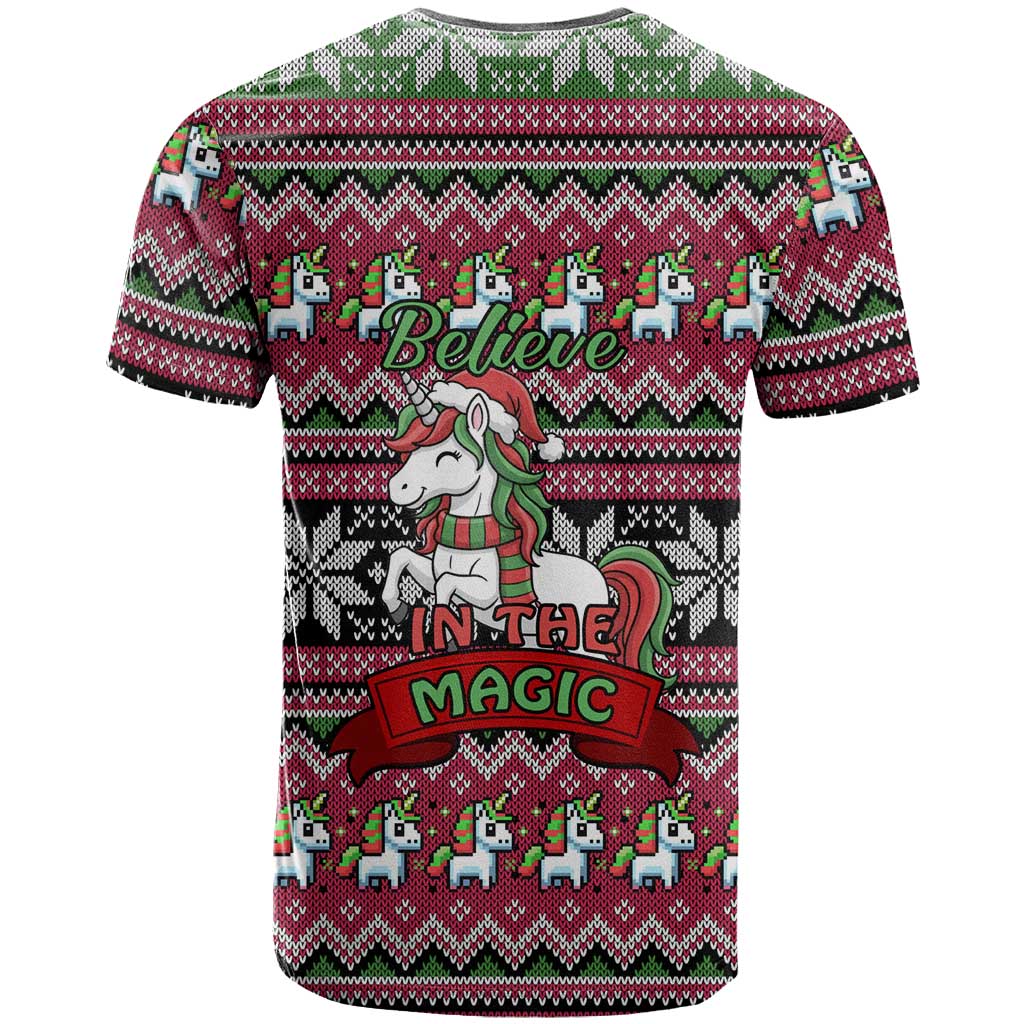 Unicorn Believe In The Magic Christmas T-Shirt Xmas Holiday Patterns Graphic Tee