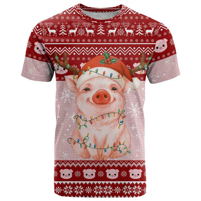 Lovely Pig Merry Christmas T-Shirt Xmas Holiday Patterns Graphic Tee
