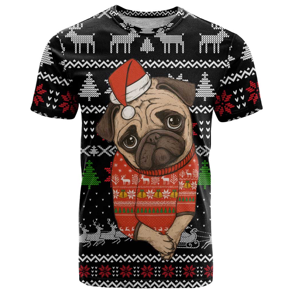 Lovely Pug Dog Christmas T-Shirt Xmas Holiday Patterns Graphic Tee