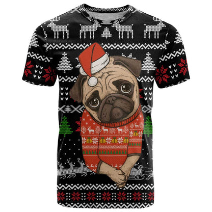 Lovely Pug Dog Christmas T-Shirt Xmas Holiday Patterns Graphic Tee
