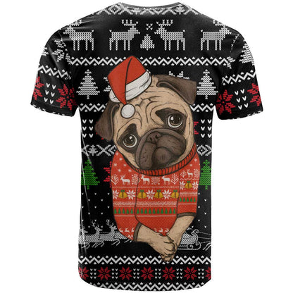 Lovely Pug Dog Christmas T-Shirt Xmas Holiday Patterns Graphic Tee