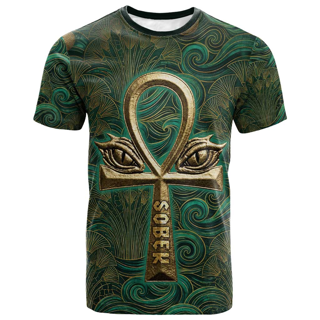 Sobek Crocodile Warrior T-Shirt with Ankh Ancient Egyptian Motif in Emerald Graphic Tee