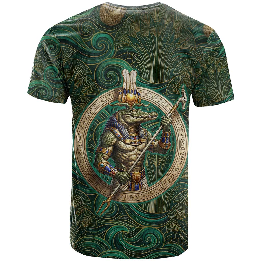 Sobek Crocodile Warrior T-Shirt with Ankh Ancient Egyptian Motif in Emerald Graphic Tee