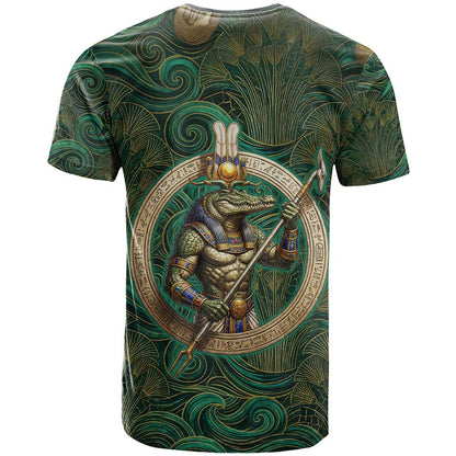 Sobek Crocodile Warrior T-Shirt with Ankh Ancient Egyptian Motif in Emerald Graphic Tee
