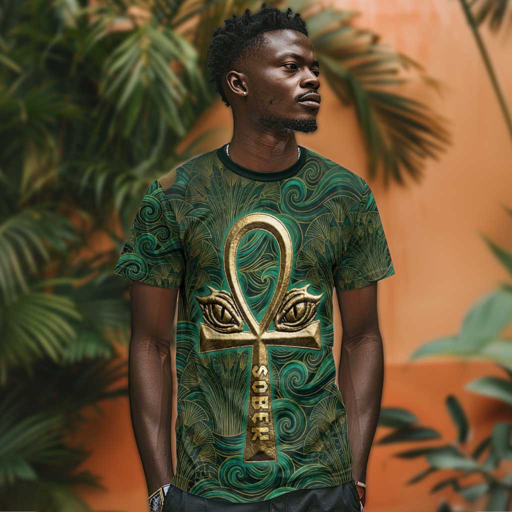 Sobek Crocodile Warrior T-Shirt with Ankh Ancient Egyptian Motif in Emerald Graphic Tee