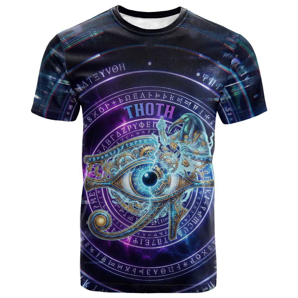 Thoth Ancient Egyptian Cosmic T-Shirt with Sacred Eye and Baboon Symbol Theme Graphic Tee