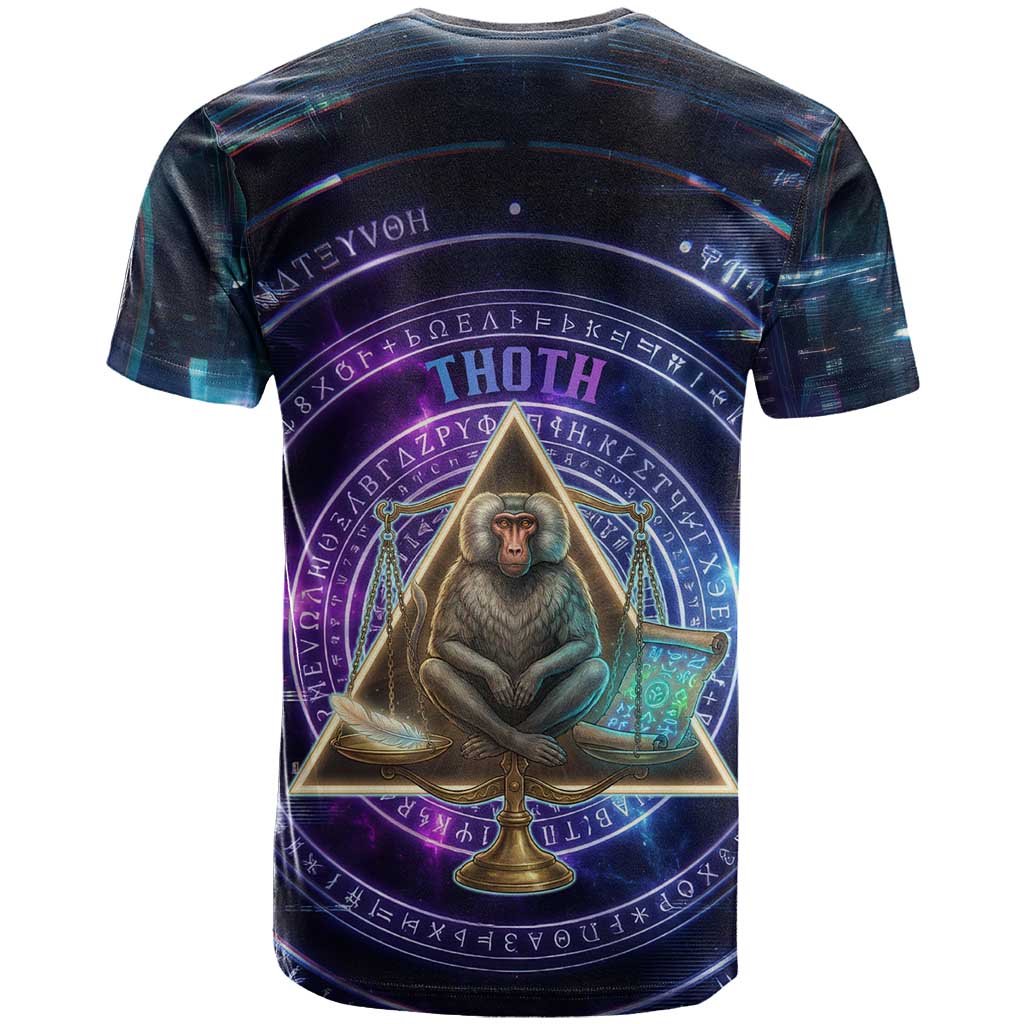 Thoth Ancient Egyptian Cosmic T-Shirt with Sacred Eye and Baboon Symbol Theme Graphic Tee