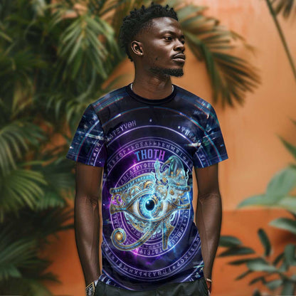 Thoth Ancient Egyptian Cosmic T-Shirt with Sacred Eye and Baboon Symbol Theme Graphic Tee