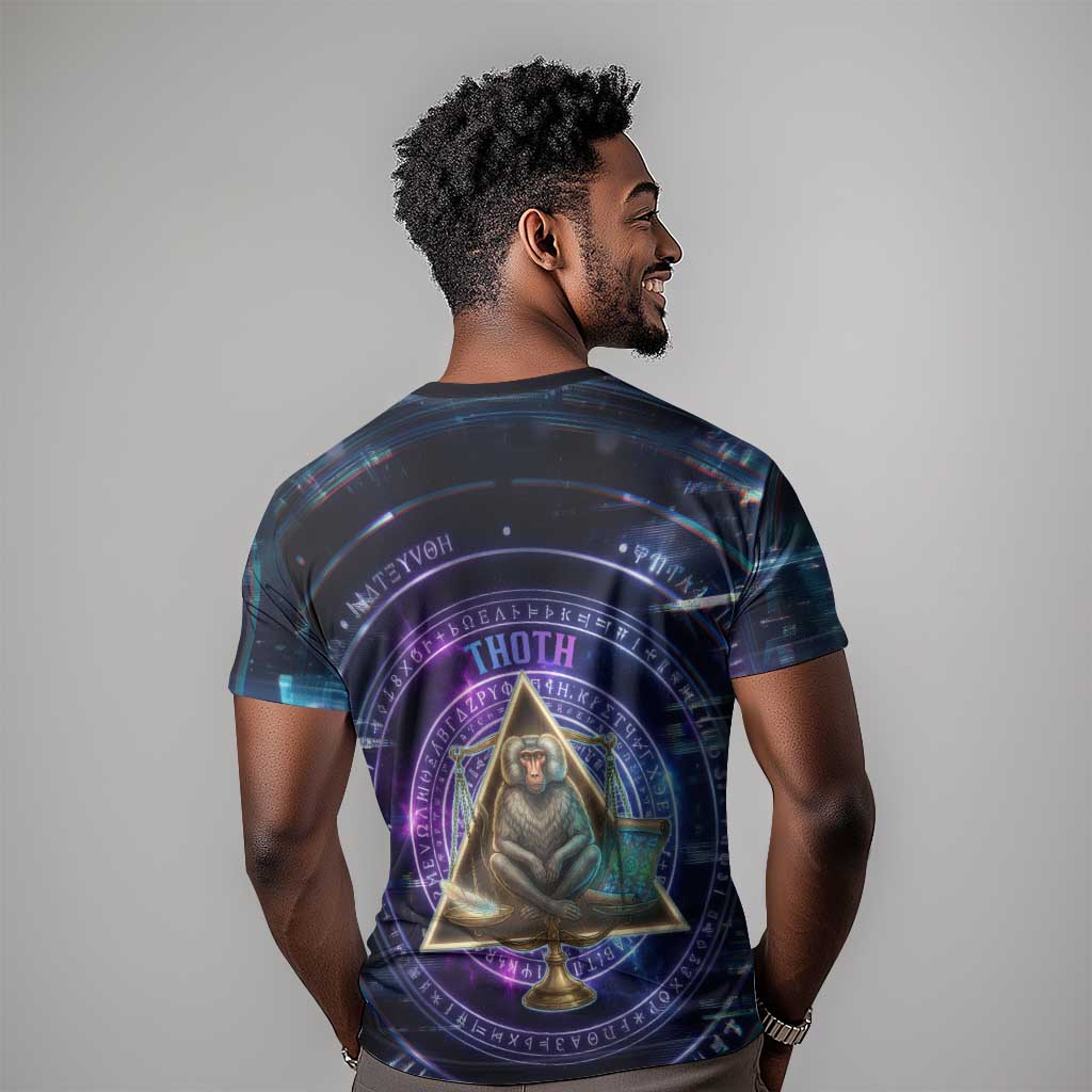 Thoth Ancient Egyptian Cosmic T-Shirt with Sacred Eye and Baboon Symbol Theme Graphic Tee