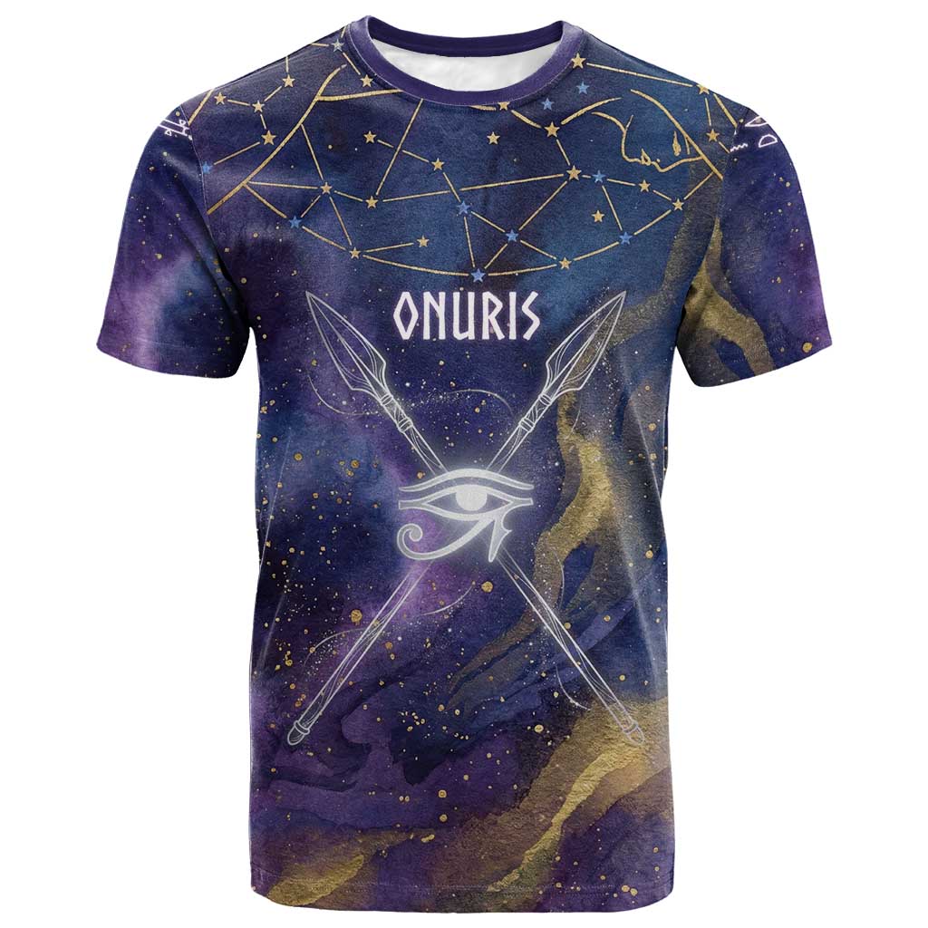 Onuris T-Shirt Cosmic Warrior Egyptian God Eye of Horus Spears Starry Night Graphic Tee