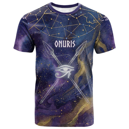 Onuris T-Shirt Cosmic Warrior Egyptian God Eye of Horus Spears Starry Night Graphic Tee