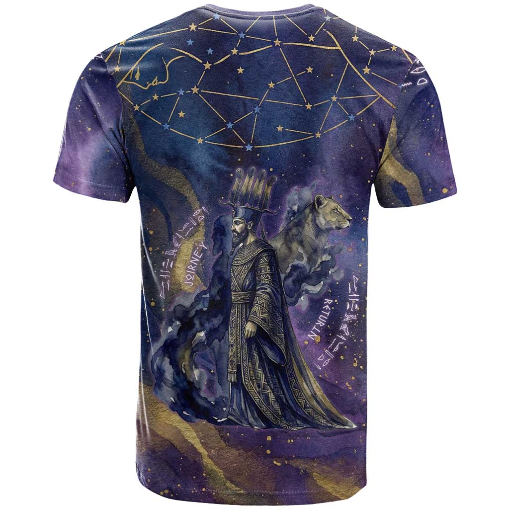 Onuris T-Shirt Cosmic Warrior Egyptian God Eye of Horus Spears Starry Night Graphic Tee