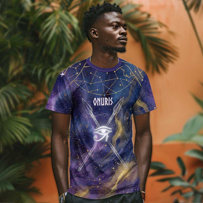 Onuris T-Shirt Cosmic Warrior Egyptian God Eye of Horus Spears Starry Night Graphic Tee