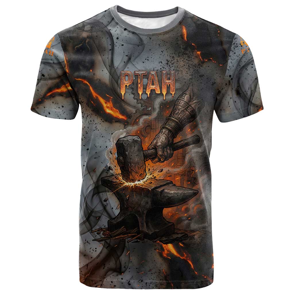 Ptah Egyptian T-Shirt God of Creation Great Artificer Hammer - Anvil Fire Forged Graphic Tee