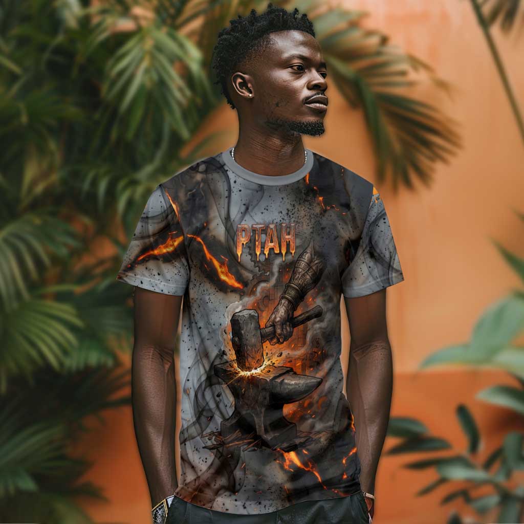 Ptah Egyptian T-Shirt God of Creation Great Artificer Hammer - Anvil Fire Forged Graphic Tee