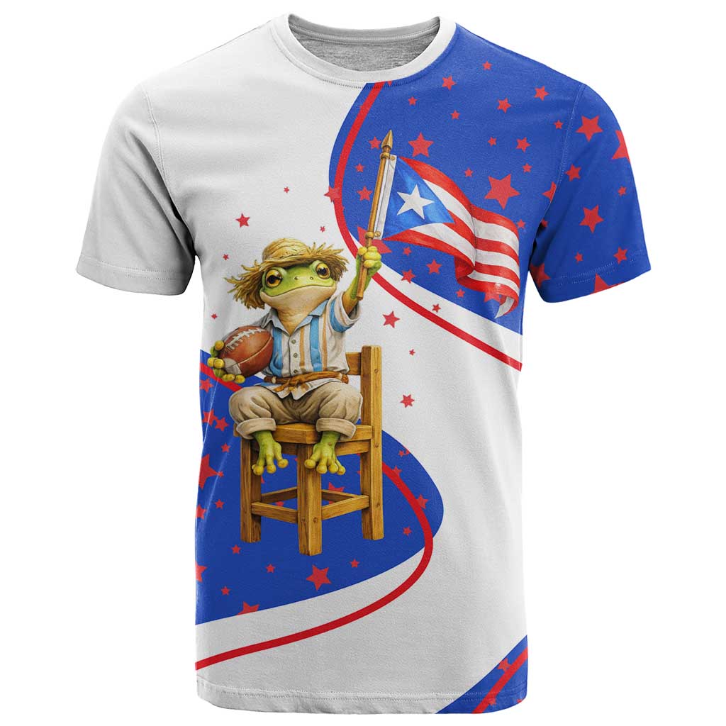 Puerto Rico Coquí Frog Football Fan T-Shirt Whimsical Cartoon Style with Patriotic Elements Graphic Tee
