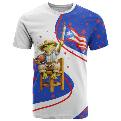 Puerto Rico Coquí Frog Football Fan T-Shirt Whimsical Cartoon Style with Patriotic Elements Graphic Tee
