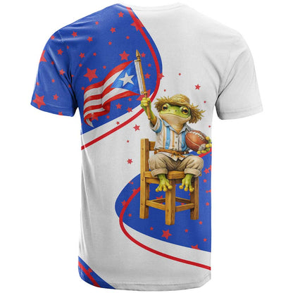 Puerto Rico Coquí Frog Football Fan T-Shirt Whimsical Cartoon Style with Patriotic Elements Graphic Tee