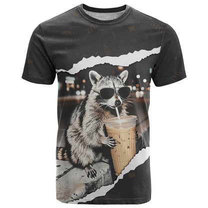 Cool Raccoon Drinking Iced Coffee T-Shirt Funny Animal Meme Urban Night Photography Graphic Tee