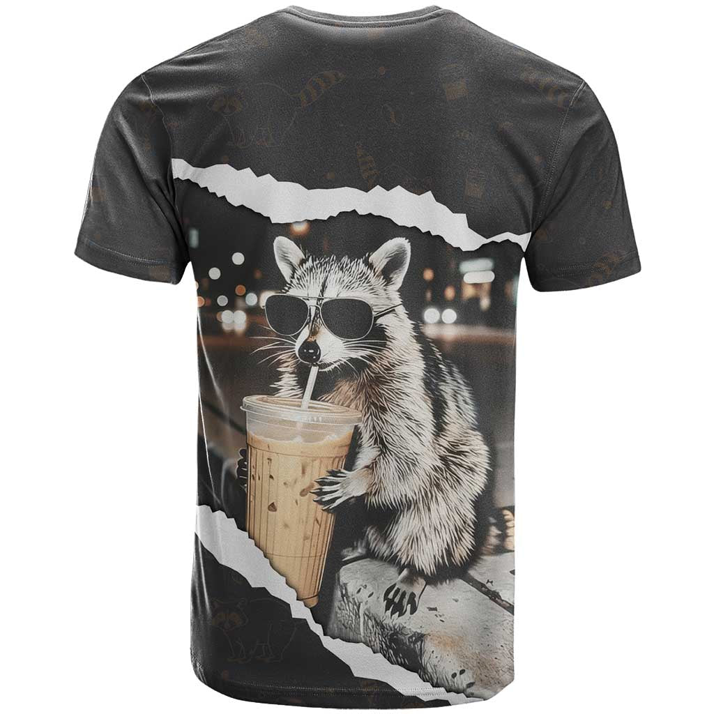 Cool Raccoon Drinking Iced Coffee T-Shirt Funny Animal Meme Urban Night Photography Graphic Tee