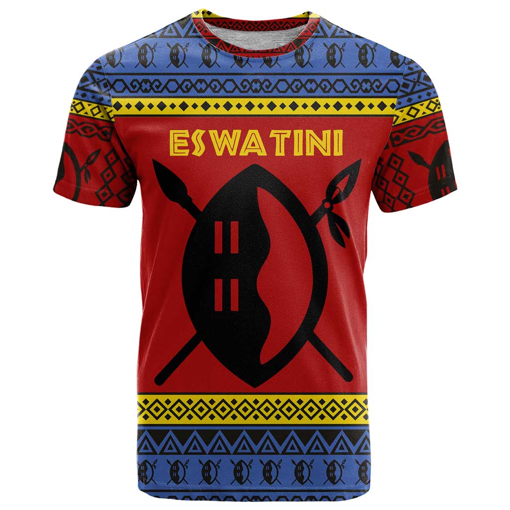 Eswatini Flag T-Shirt with Traditional Shield Spear and Cultural Pattern Design Graphic Tee