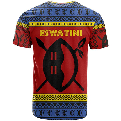 Eswatini Flag T-Shirt with Traditional Shield Spear and Cultural Pattern Design Graphic Tee