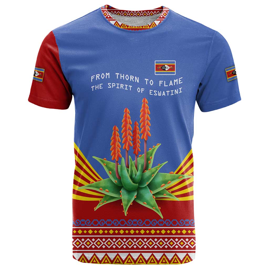 Eswatini Aloe Vera T-Shirt with Flag Print and Cultural Motif From Thorn to Flame Graphic Tee