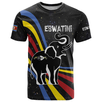 Eswatini Elephant T-Shirt with Cosmic Background and Swazi Flag Colors Graphic Tee