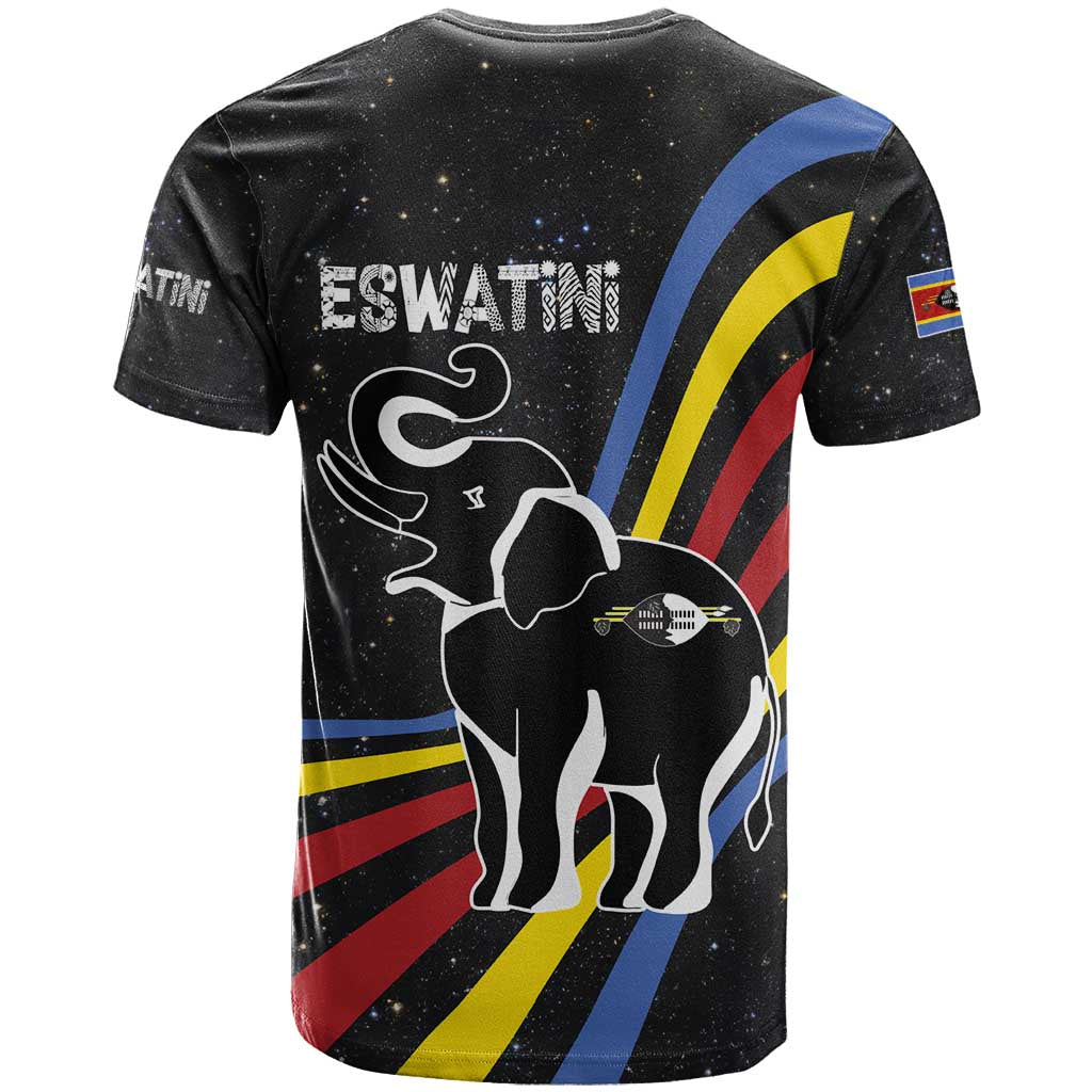 Eswatini Elephant T-Shirt with Cosmic Background and Swazi Flag Colors Graphic Tee