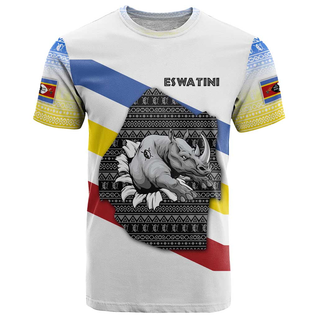Eswatini Rhino T-Shirt with African Map and Traditional Swazi Flag Patterns Graphic Tee