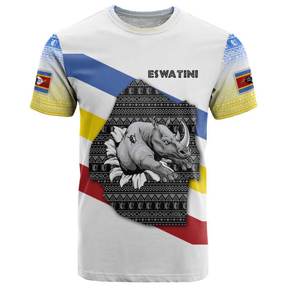 Eswatini Rhino T-Shirt with African Map and Traditional Swazi Flag Patterns Graphic Tee