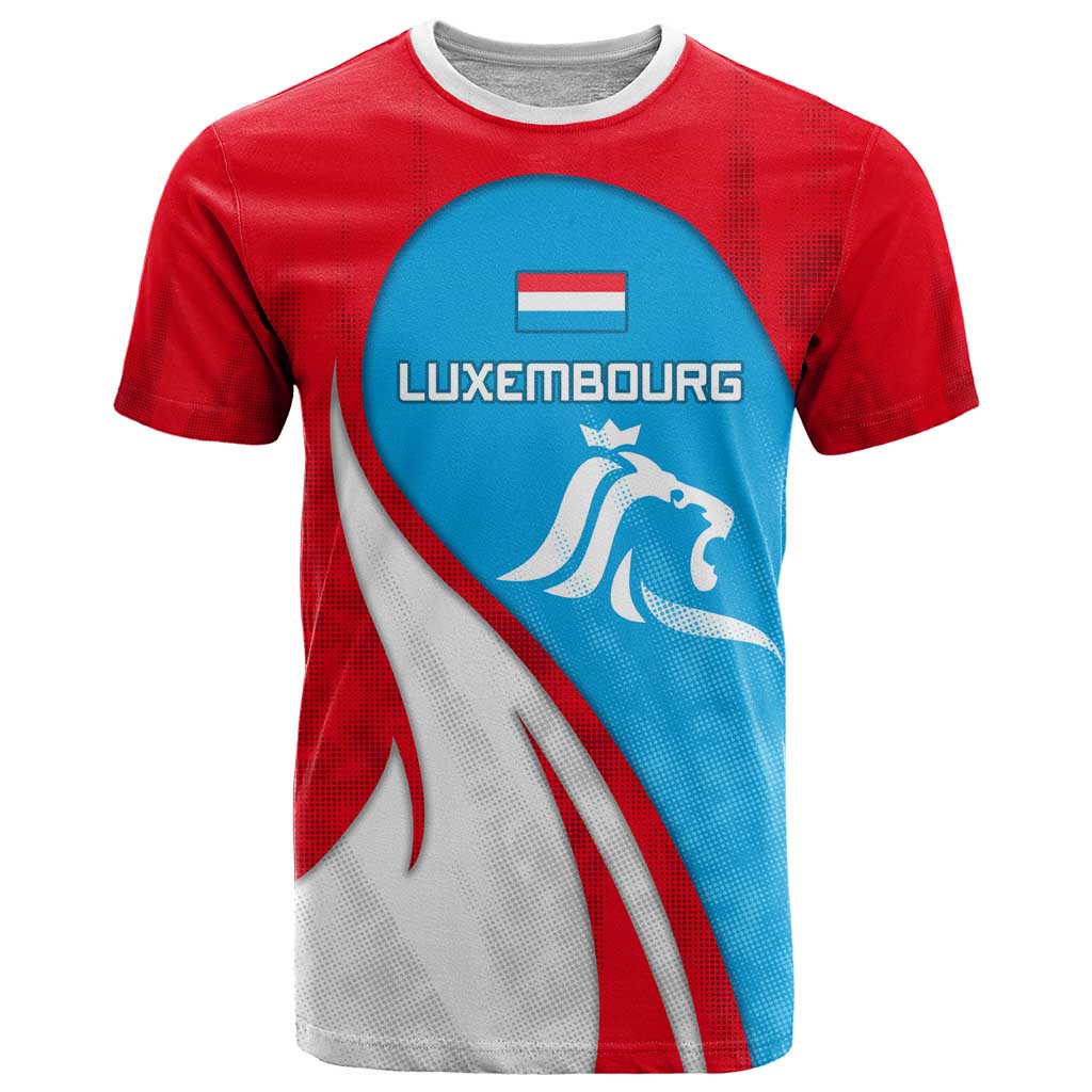 Luxembourg T-Shirt with National Flag Colors and White Lion Crest Design Graphic Tee