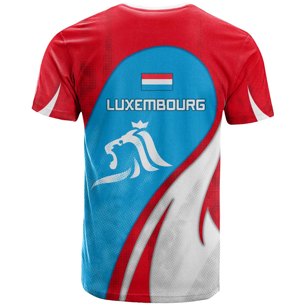 Luxembourg T-Shirt with National Flag Colors and White Lion Crest Design Graphic Tee