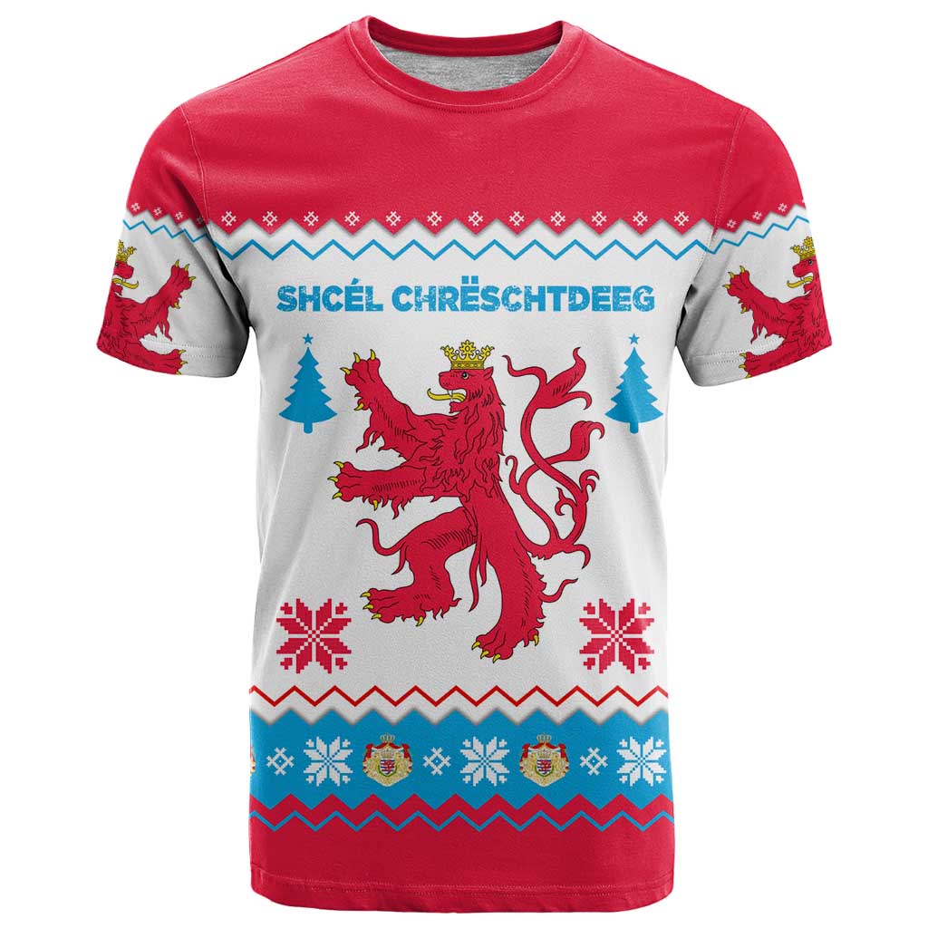 Luxembourg Christmas T-Shirt with Red Lion Crest and Snowflake Pattern Graphic Tee