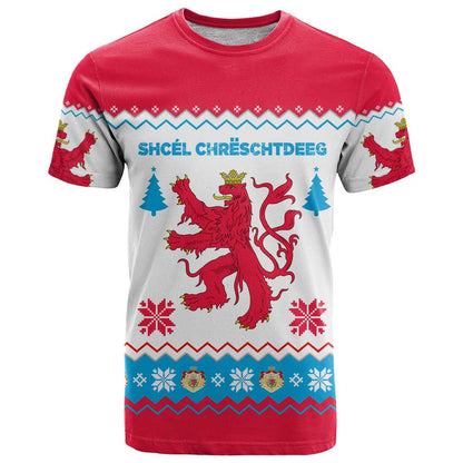 Luxembourg Christmas T-Shirt with Red Lion Crest and Snowflake Pattern Graphic Tee
