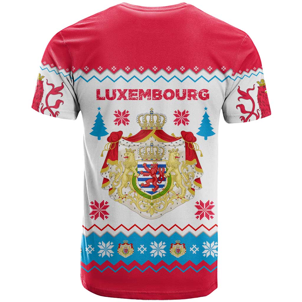 Luxembourg Christmas T-Shirt with Red Lion Crest and Snowflake Pattern Graphic Tee
