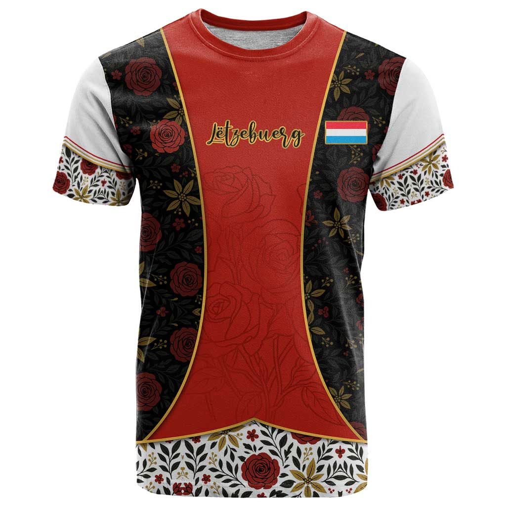 Luxembourg T-Shirt with Floral Folk Embroidery and Red Black Pattern Design Graphic Tee
