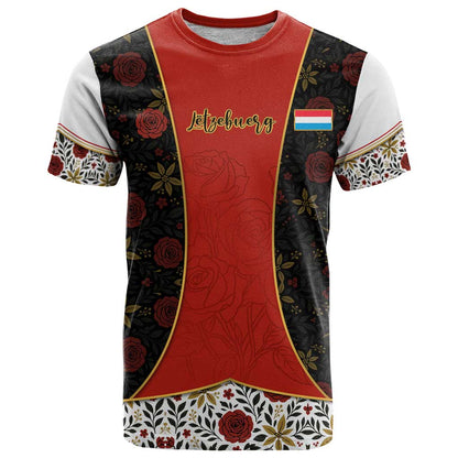 Luxembourg T-Shirt with Floral Folk Embroidery and Red Black Pattern Design Graphic Tee