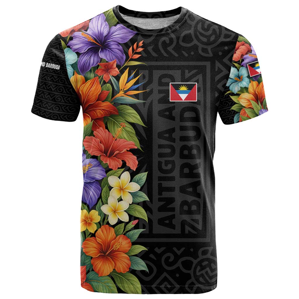 Antigua and Barbuda Floral T-Shirt with Tropical Hibiscus with National Flag Graphic Tee