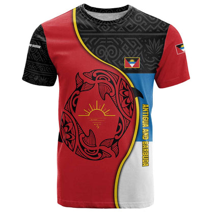 Antigua and Barbuda Tribal T-Shirt with Polynesian Dolphin Sun Design with National Flag Colors Graphic Tee